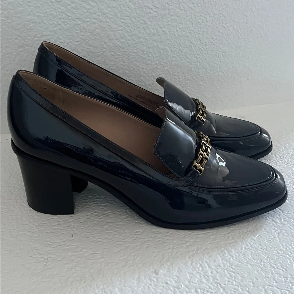 Tory Burch Navy Gemini Link Patent Mid Heel Loafers